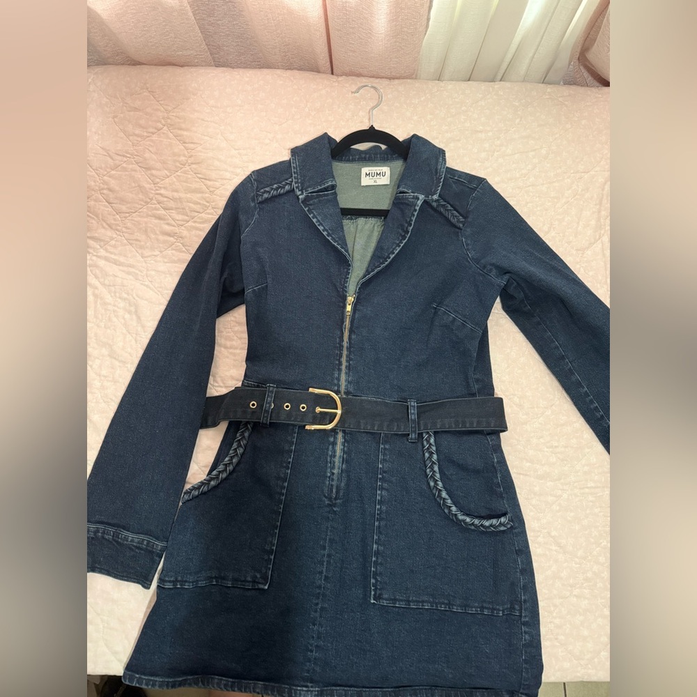 Show Me Your Mumu Dark Wash Denim Long Sleeve Zip Dress with Belt